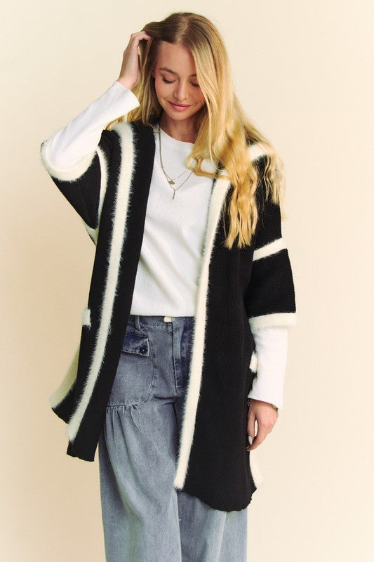 Fuzzy Trim Open Front Loose Fit Cardigan