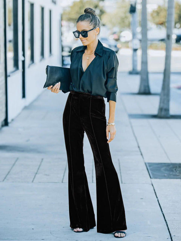 Gold velvet high waist flared wide leg pants