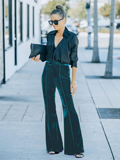 Gold velvet high waist flared wide leg pants