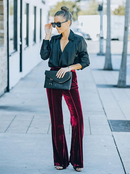 Gold velvet high waist flared wide leg pants