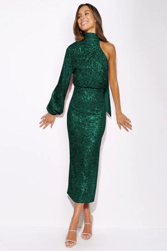 Scarf Slit Evening Dress One Shoulder Sequins