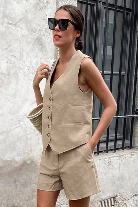 New Linen V-neck Sleeveless Vest Shorts Suit