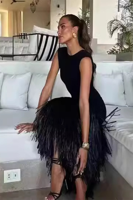 Black Tassel Backless Long Dress