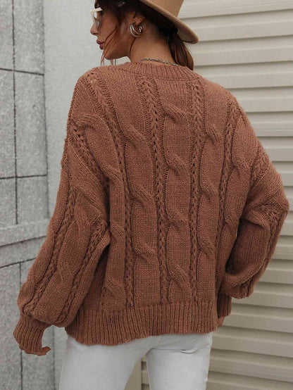 Woven Right Cable-Knit Openwork Round Neck Sweater - Vivelamode Boutique