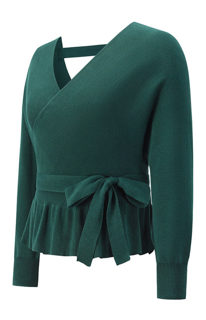 Long Sleeve Belted Waist Ruffle Knitted Sweater