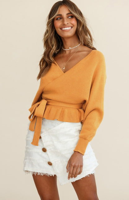 Long Sleeve Belted Waist Ruffle Knitted Sweater