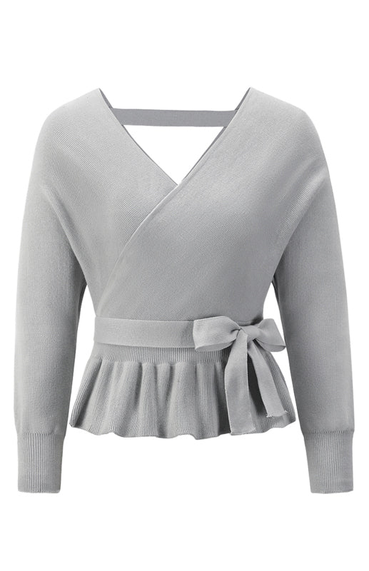 Long Sleeve Belted Waist Ruffle Knitted Sweater