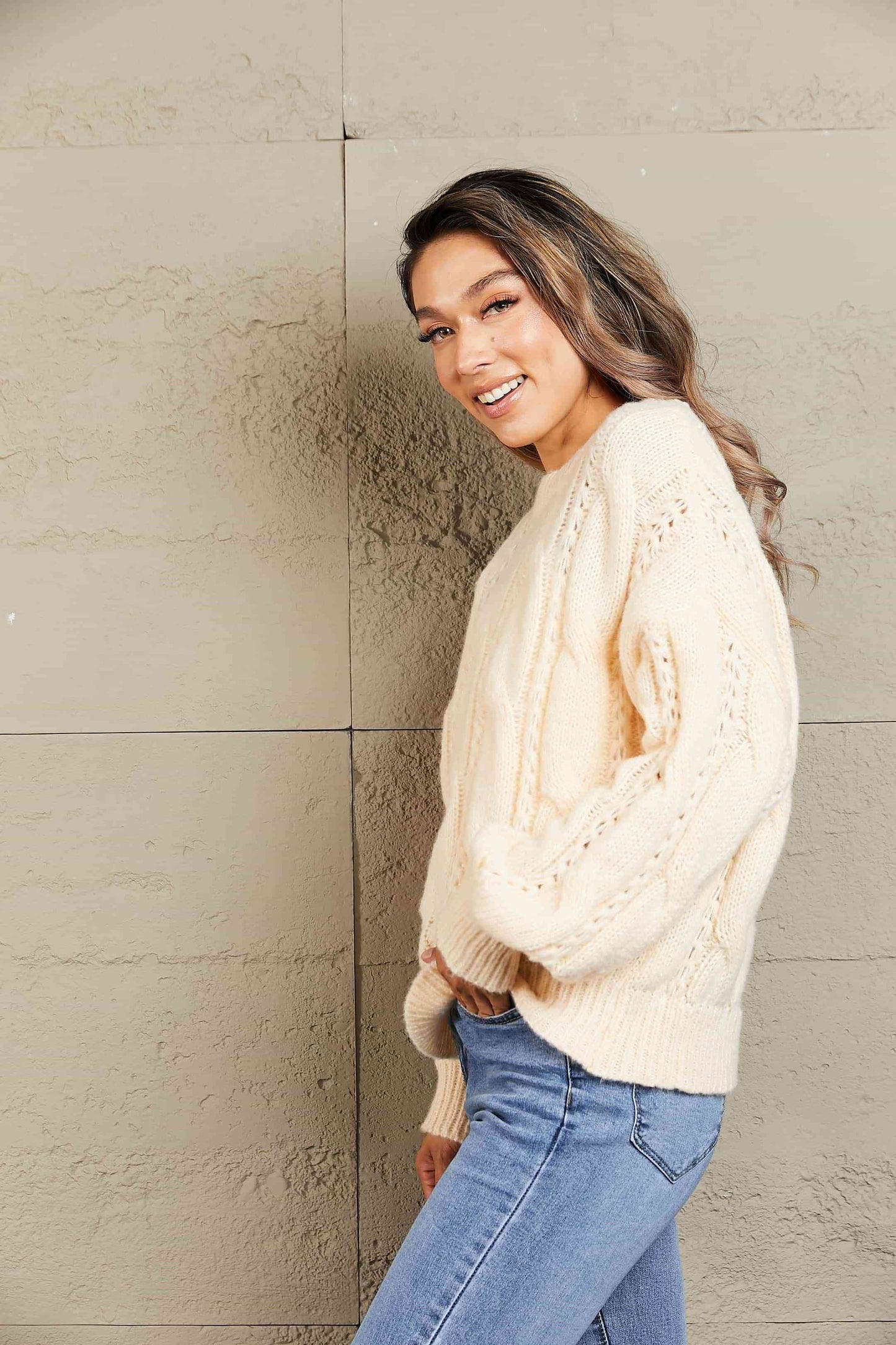 Woven Right Cable-Knit Openwork Round Neck Sweater - Vivelamode Boutique