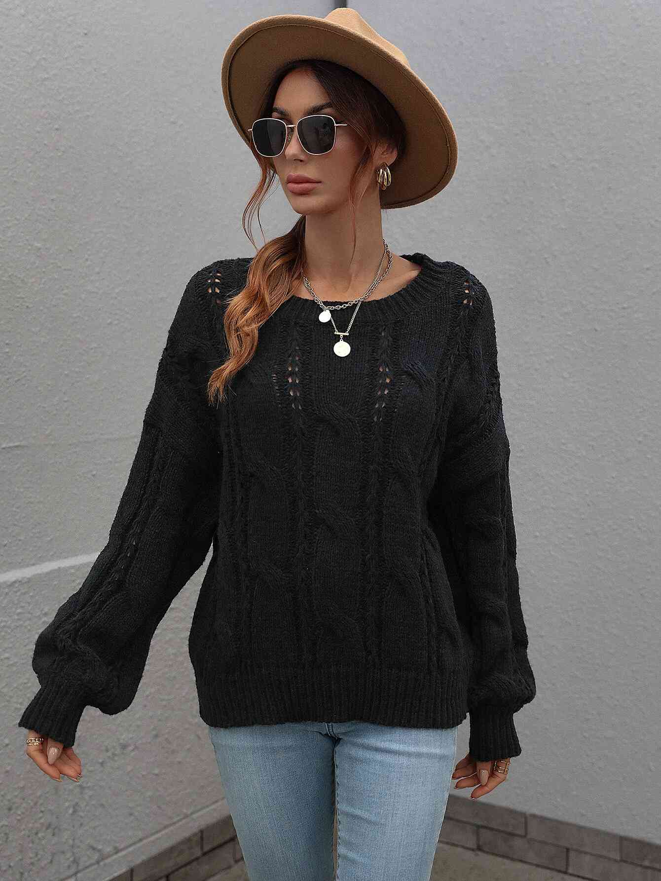 Woven Right Cable-Knit Openwork Round Neck Sweater - Vivelamode Boutique