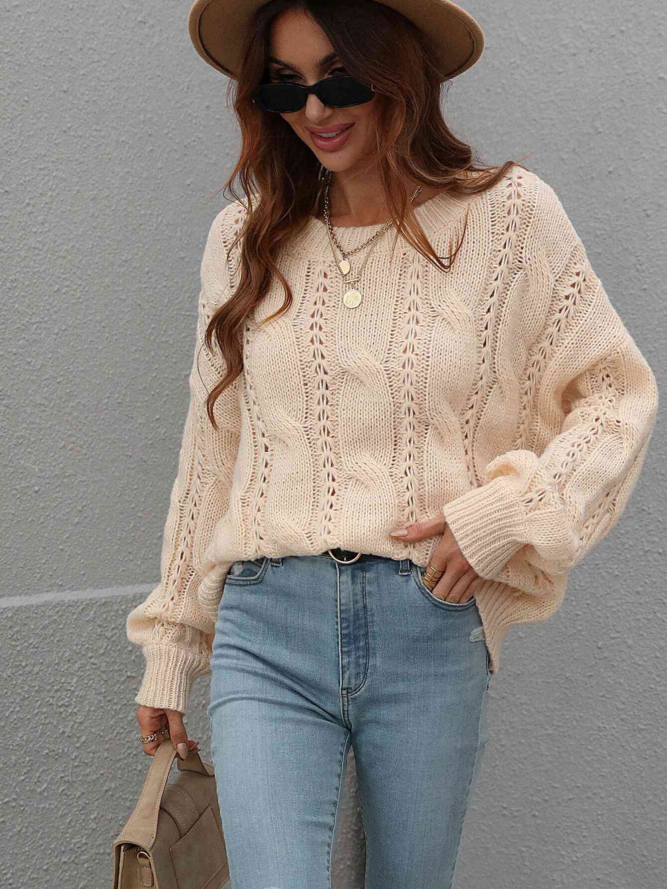 Woven Right Cable-Knit Openwork Round Neck Sweater - Vivelamode Boutique