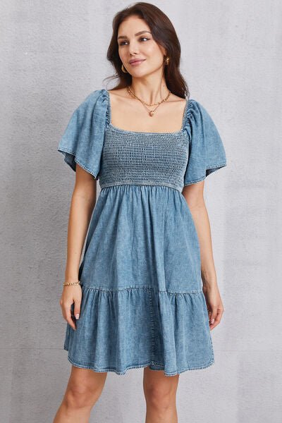 Smocked Square Neck Mini Denim Dress - Vivelamode Boutique