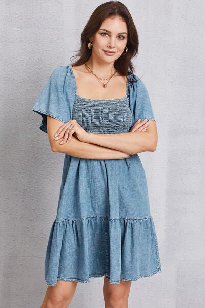 Smocked Square Neck Mini Denim Dress - Vivelamode Boutique