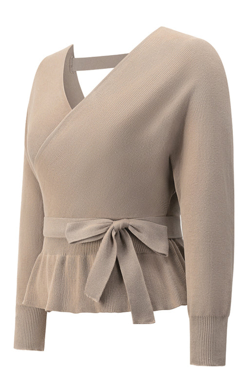 Long Sleeve Belted Waist Ruffle Knitted Sweater