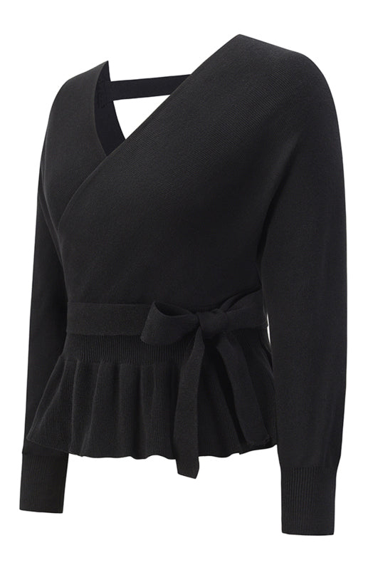 Long Sleeve Belted Waist Ruffle Knitted Sweater