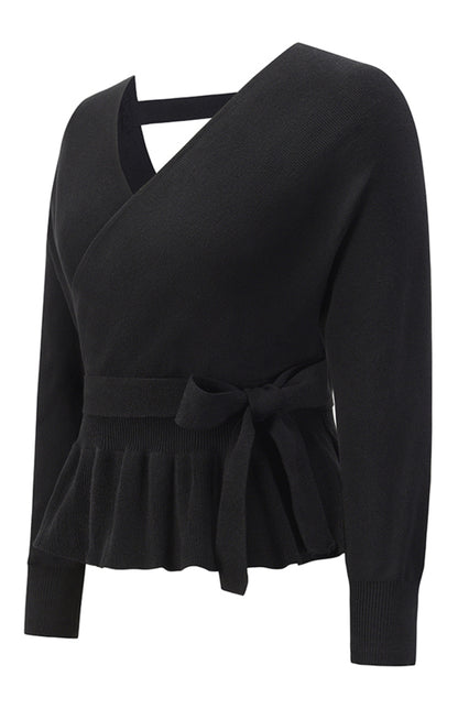 Long Sleeve Belted Waist Ruffle Knitted Sweater