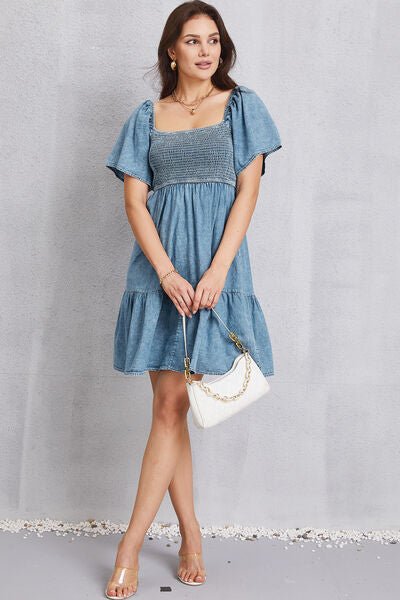 Smocked Square Neck Mini Denim Dress - Vivelamode Boutique