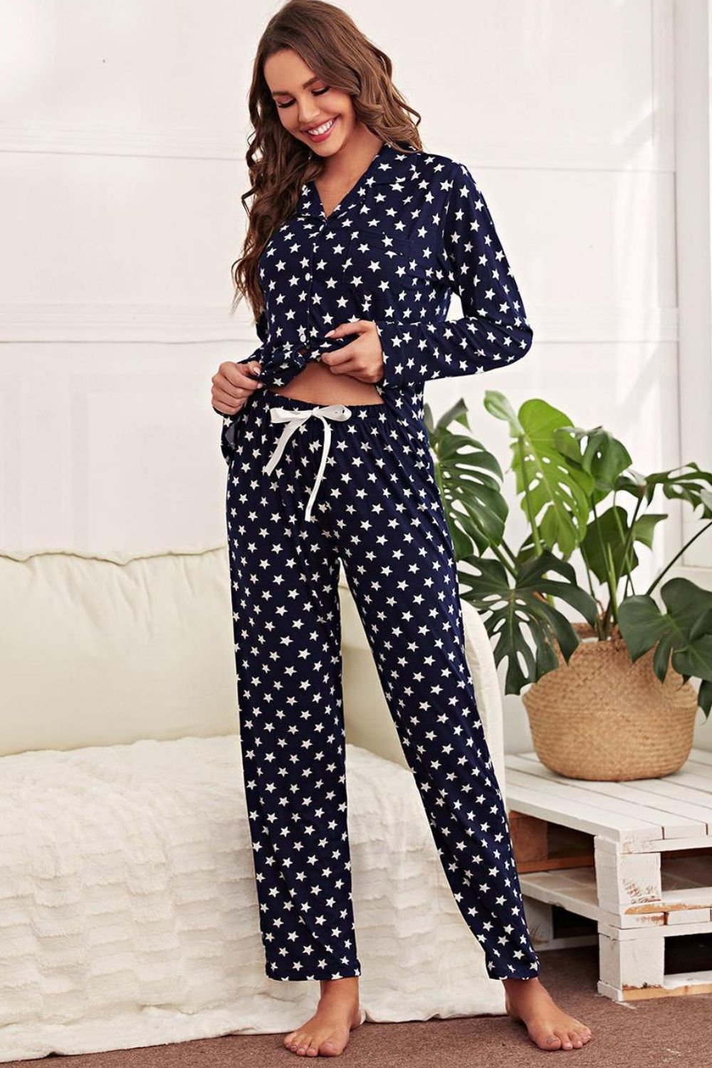 Star Print Button-Up Shirt and Pants Lounge Set - Vivelamode Boutique