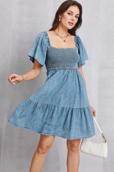 Smocked Square Neck Mini Denim Dress - Vivelamode Boutique