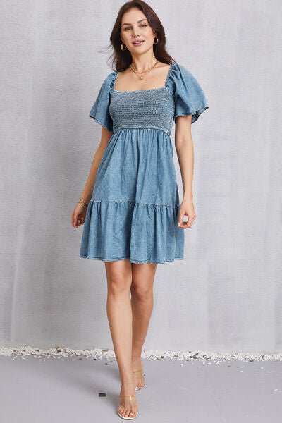 Smocked Square Neck Mini Denim Dress - Vivelamode Boutique