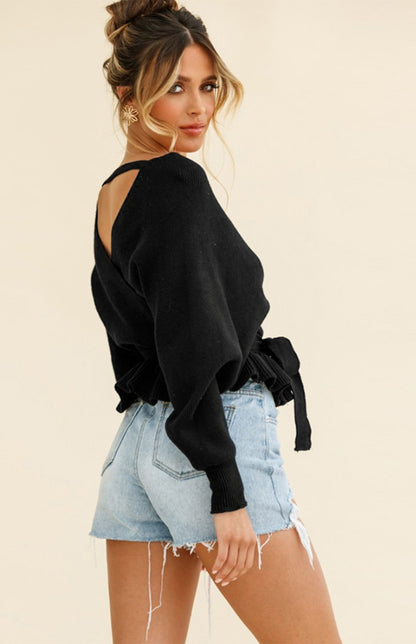 Long Sleeve Belted Waist Ruffle Knitted Sweater