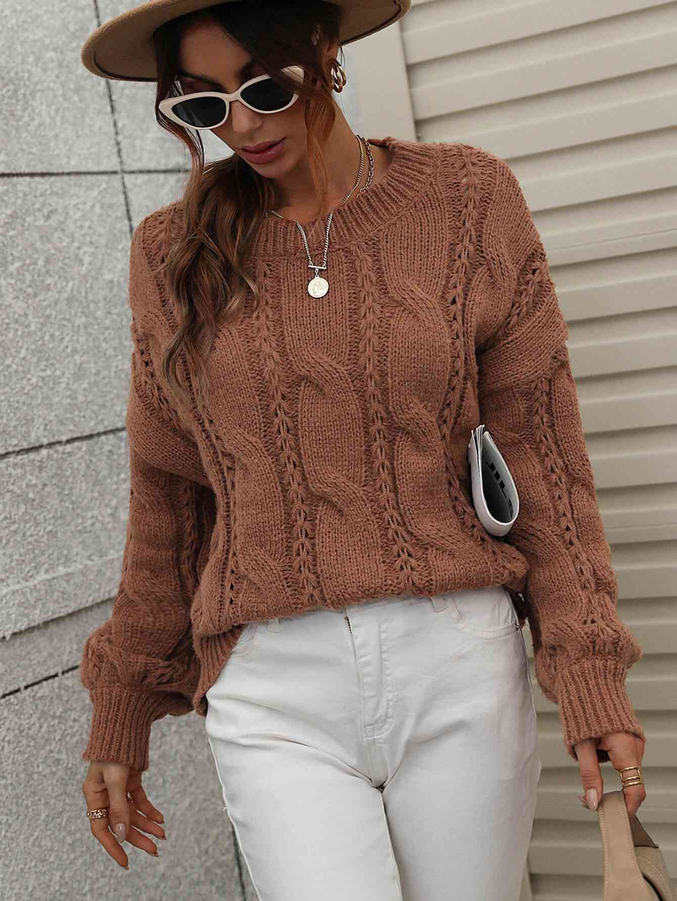 Woven Right Cable-Knit Openwork Round Neck Sweater - Vivelamode Boutique