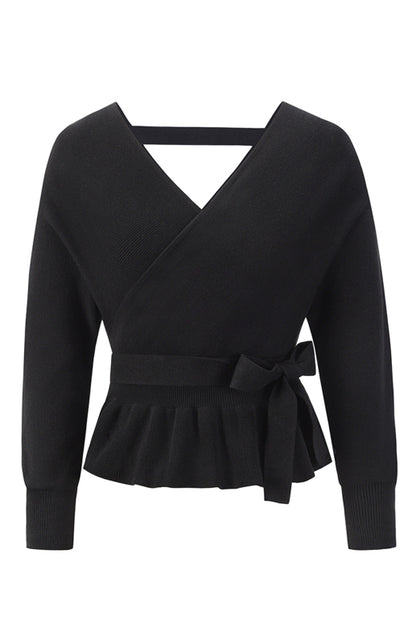 Long Sleeve Belted Waist Ruffle Knitted Sweater