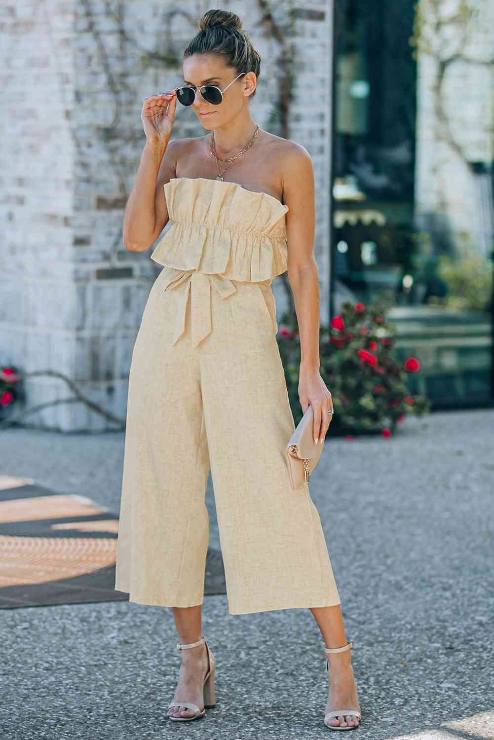 Ruffled Strapless Wide Leg Jumpsuit - Vivelamode Boutique