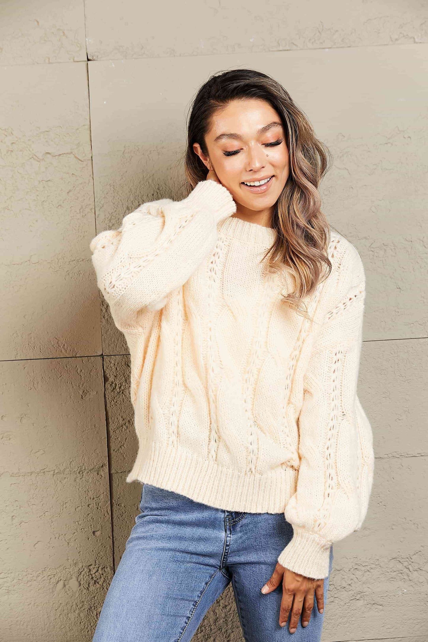 Woven Right Cable-Knit Openwork Round Neck Sweater - Vivelamode Boutique