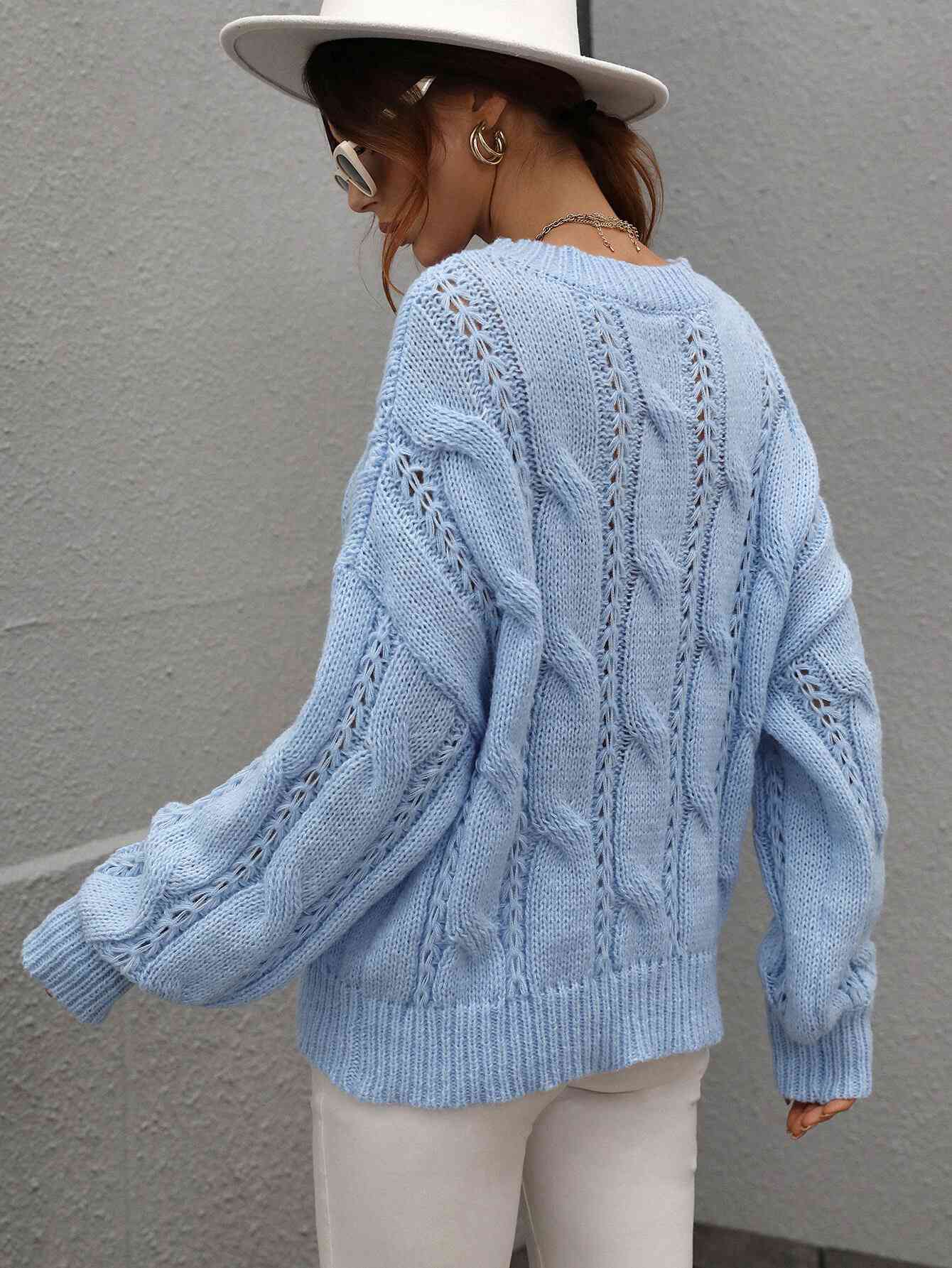 Woven Right Cable-Knit Openwork Round Neck Sweater - Vivelamode Boutique