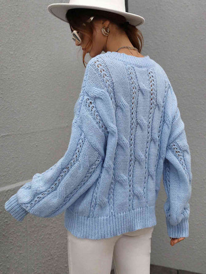 Woven Right Cable-Knit Openwork Round Neck Sweater - Vivelamode Boutique