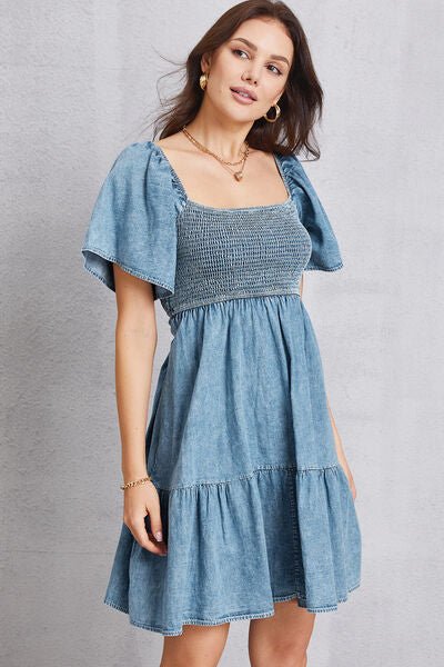 Smocked Square Neck Mini Denim Dress - Vivelamode Boutique