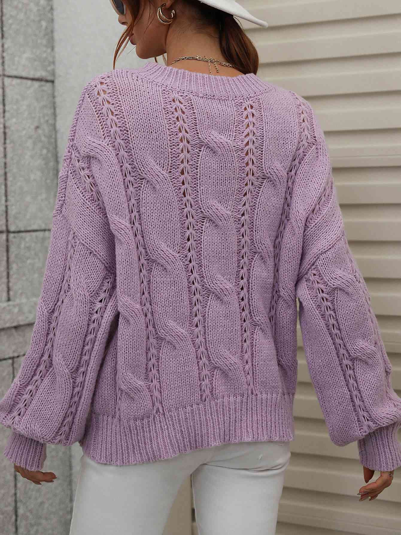 Woven Right Cable-Knit Openwork Round Neck Sweater - Vivelamode Boutique