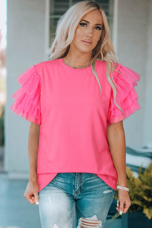 Layered Mesh Sleeve Round Neck Tee - Vivelamode Boutique