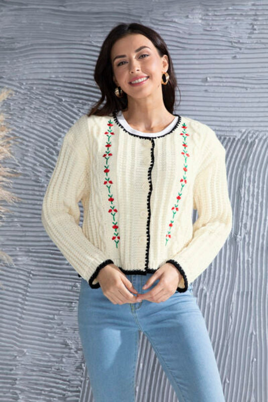 Cozy Graphic Cable-Knit Button Up Embroidered Cardigan"