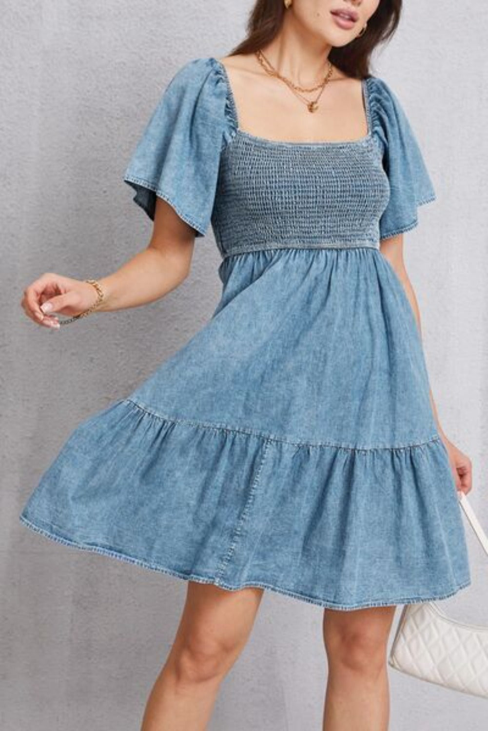 Smocked Square Neck Mini Denim Dress - Vivelamode Boutique