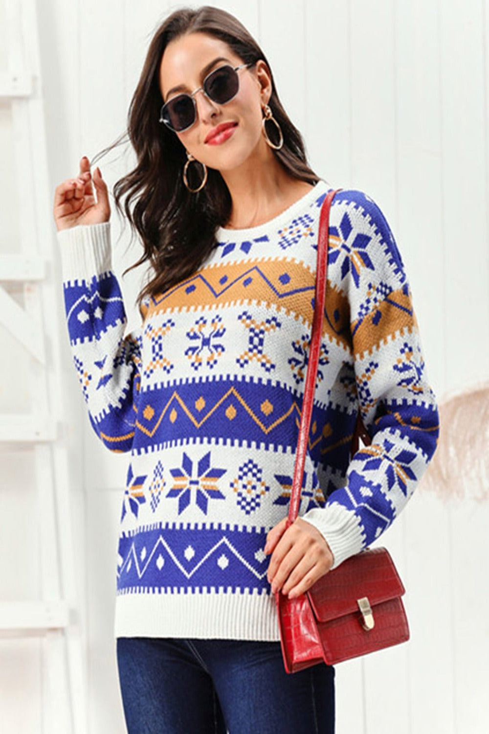 Snowflake Pattern Round Neck Sweater - Vivelamode Boutique