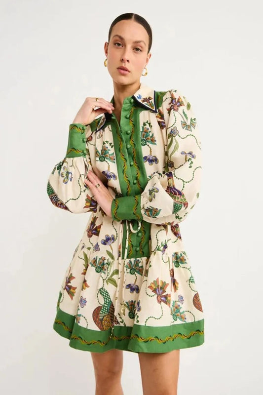 New Long-Sleeve Printed Lapel Loose Tie Casual Dress| Peacock Flower Printed Mini Pleated Dress - Vivelamode Boutique