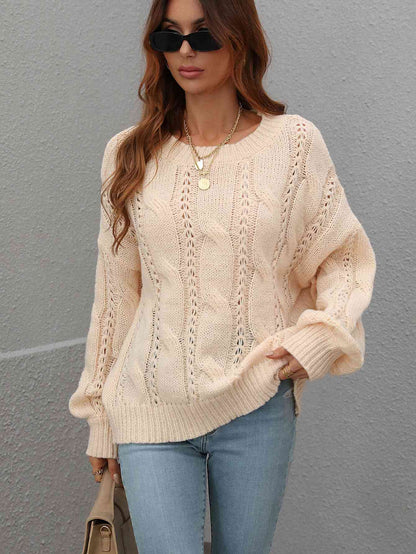 Woven Right Cable-Knit Openwork Round Neck Sweater - Vivelamode Boutique