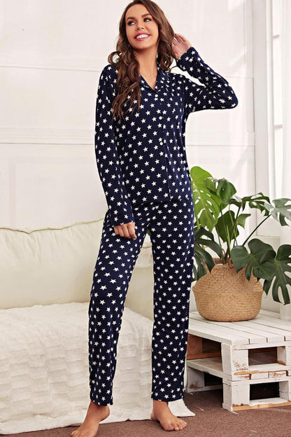 Star Print Button-Up Shirt and Pants Lounge Set - Vivelamode Boutique