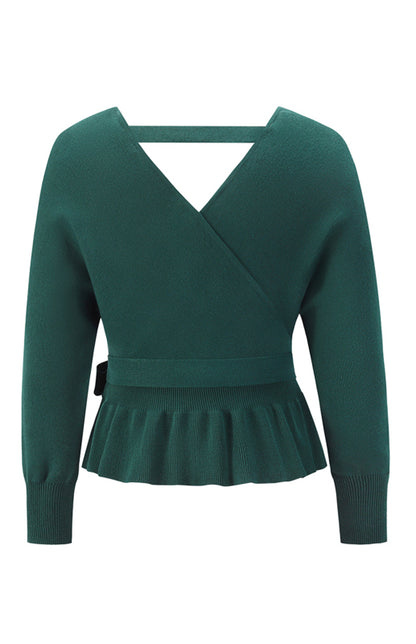 Long Sleeve Belted Waist Ruffle Knitted Sweater