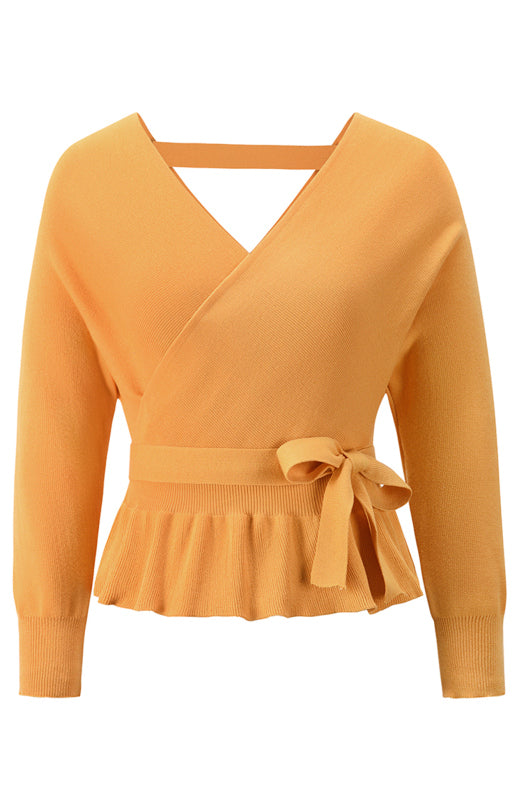 Long Sleeve Belted Waist Ruffle Knitted Sweater