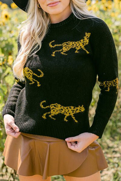 Wild Elegance Animal Print Round Neck Sweater - Vivelamode Boutique