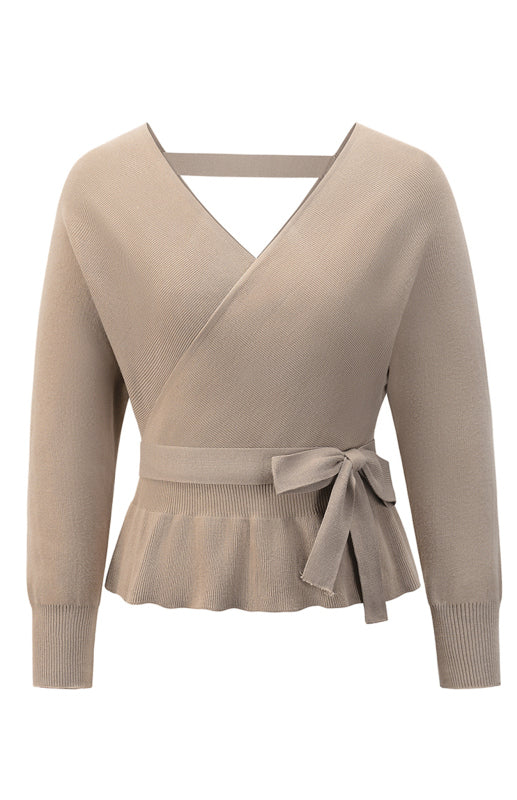 Long Sleeve Belted Waist Ruffle Knitted Sweater