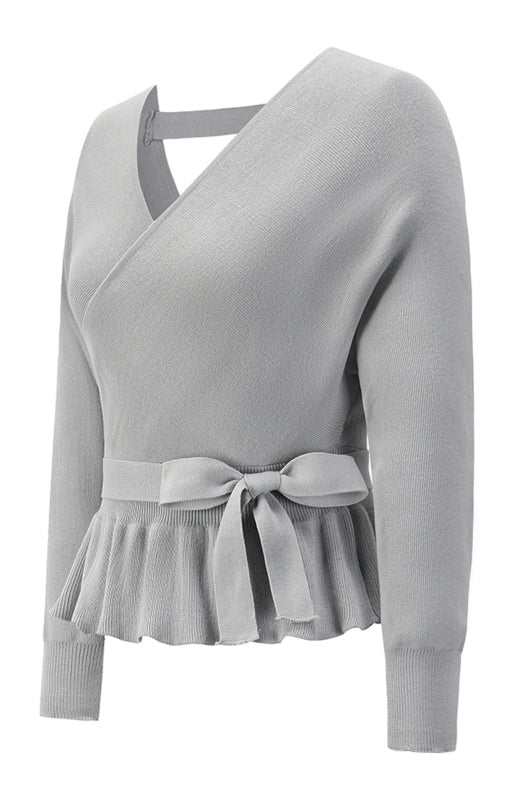 Long Sleeve Belted Waist Ruffle Knitted Sweater