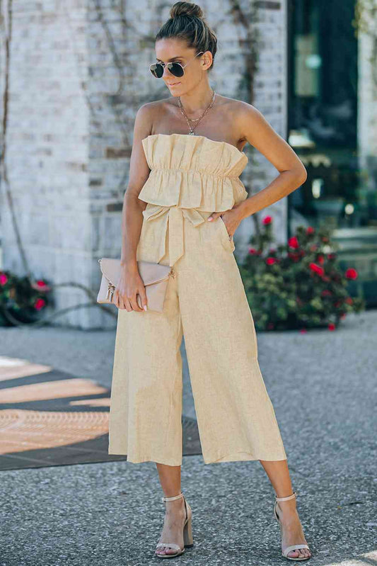 Ruffled Strapless Wide Leg Jumpsuit - Vivelamode Boutique