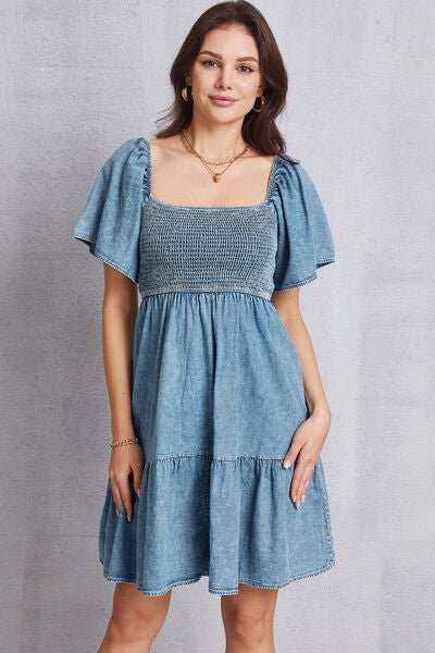 Smocked Square Neck Mini Denim Dress - Vivelamode Boutique