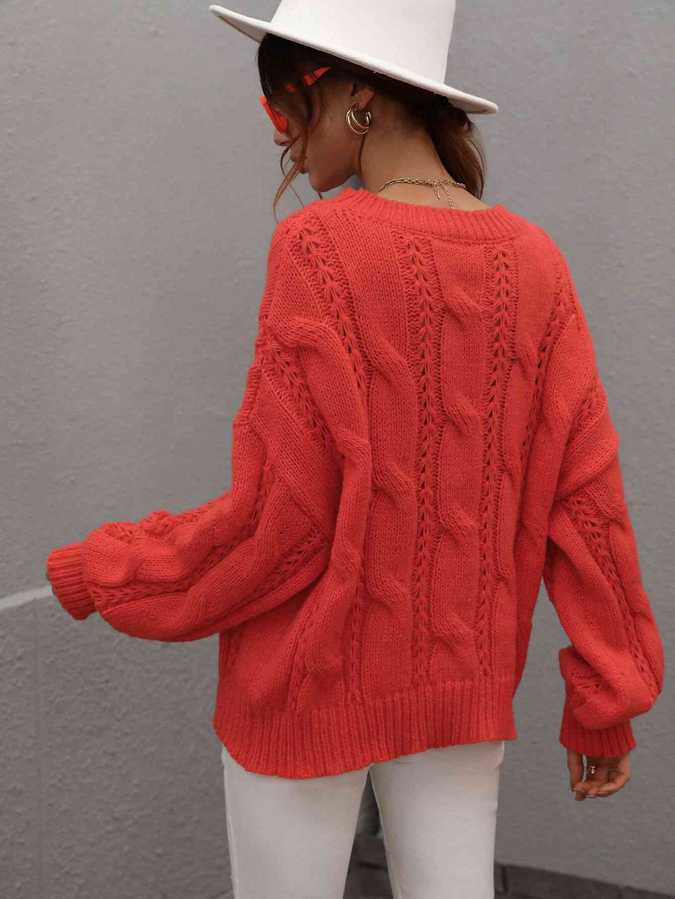 Woven Right Cable-Knit Openwork Round Neck Sweater - Vivelamode Boutique