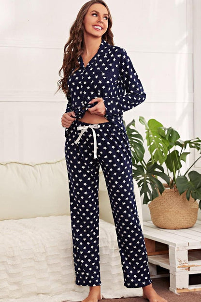 Star Print Button-Up Shirt and Pants Lounge Set - Vivelamode Boutique