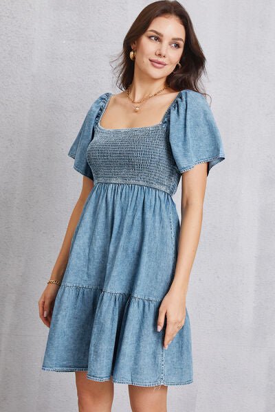 Smocked Square Neck Mini Denim Dress - Vivelamode Boutique