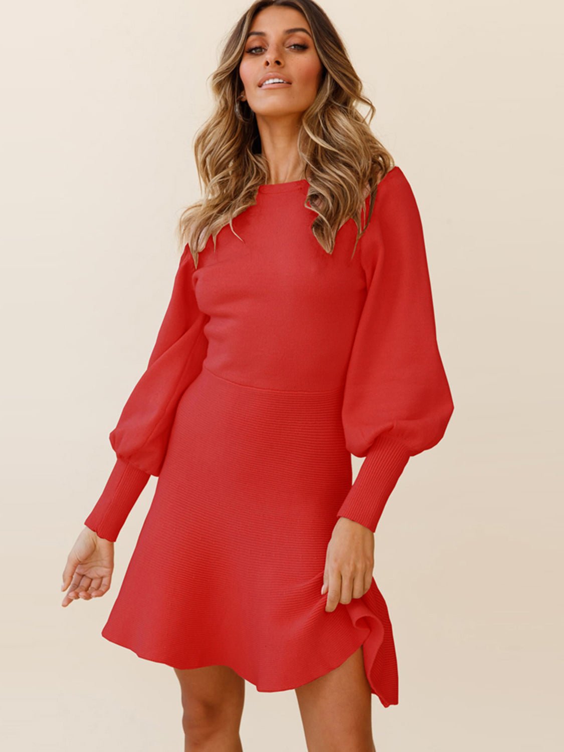 Round Neck Lantern Sleeve Sweater Dress - Vivelamode Boutique